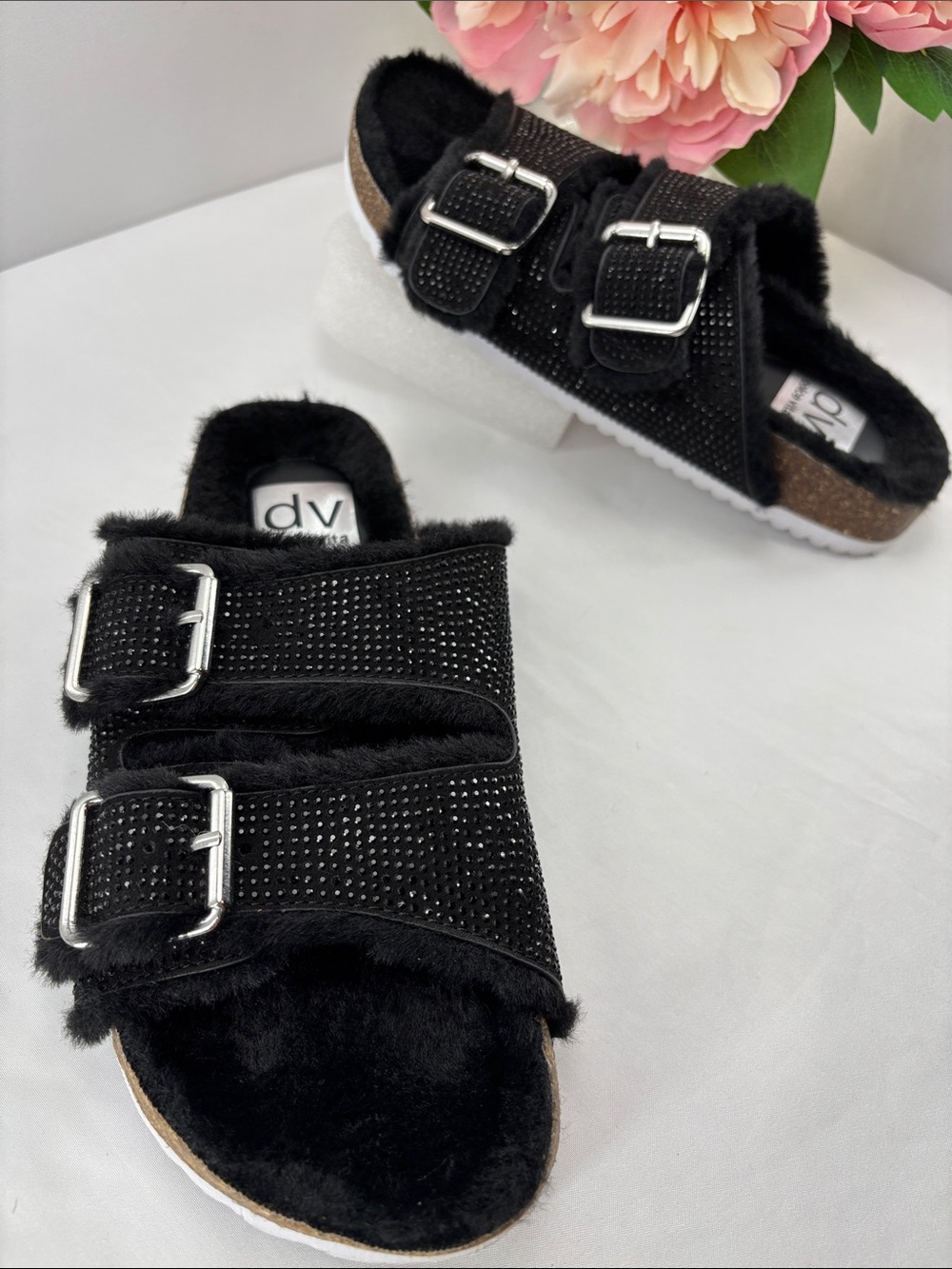 Dolce Vita Womens 7 Black Faux Fur Buckle Slide Sandals #740